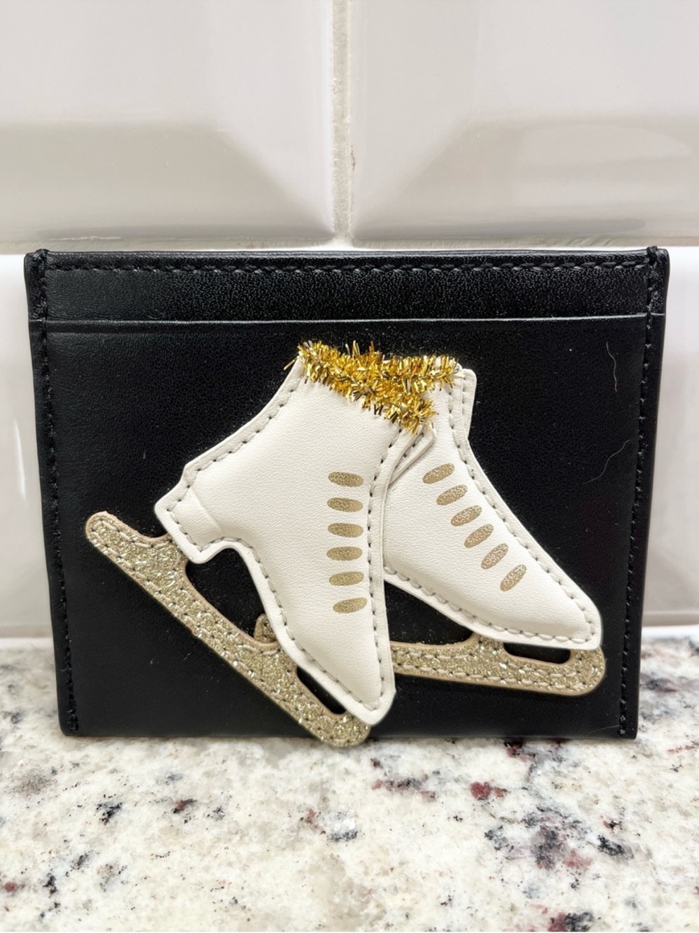 Rare kate spade Black Card Holder with White Ice Skate Appliqué and Gold Accents